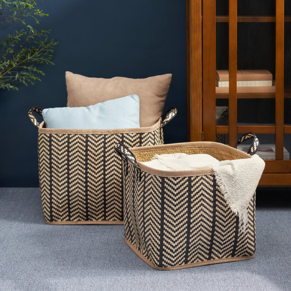 English Elm Square Palm Leaf Woven Wicker Storage Baskets Set of 2 with Handles – Stylish Arrow-Weave Organizers for Home B093P169711