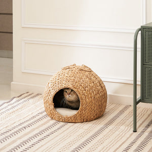 English Elm Gertrude Water Hyacinth Woven Wicker Cat Bed Cave with Handles, Sustainable Cozy Round Nest 18" B093P169697