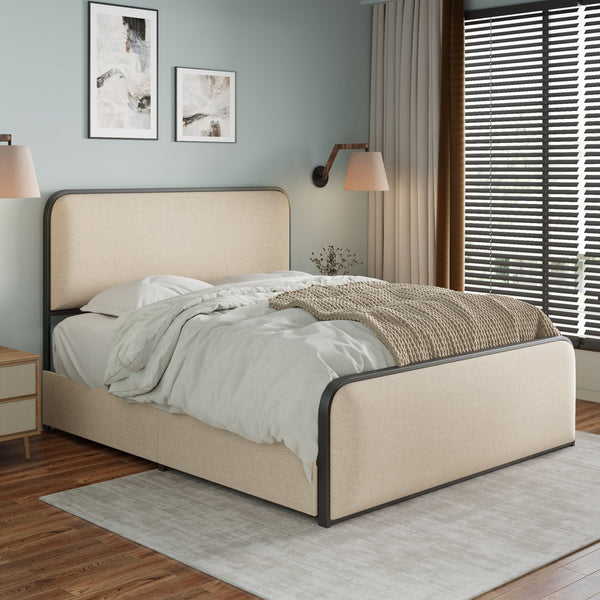 English Elm Modern Metal Bed Frame with Upholstered Curved Headboard, Underbed Storage, Heavy-Duty Slats, Queen Beige 63.75 L x 21.75 W x 8 H N701P229016B