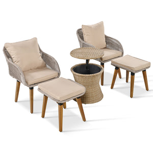 English Elm K&K 5-Piece Outdoor Rope Weave Patio Set with Pop-Up Cool Bar Table, Loveseat, Chairs & Ottomans Brown WF324995AAZ