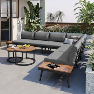 English Elm Trexm Modular Outdoor Sectional with Acacia Wood Nesting Tables and Washable Cushions TM000001AAE
