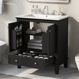 English Elm 30" Solid Wood Bathroom Vanity with Ceramic Sink, Modern Black Freestanding Cabinet, 2 Doors 1 Drawer WF322498AAB
