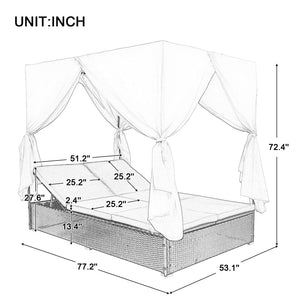 English Elm U_style Outdoor Pe Rattan Daybed with Canopy Curtains Resort Wicker Sunbed Patio WY000436AAO