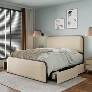 English Elm Modern Metal Bed Frame with Upholstered Curved Headboard, Underbed Storage, Heavy-Duty Slats, Queen Beige 63.75 L x 21.75 W x 8 H N701P229016B