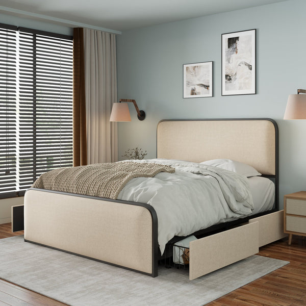 English Elm Modern Metal Bed Frame with Upholstered Curved Headboard, Underbed Storage, Heavy-Duty Slats, Queen Beige 63.75 L x 21.75 W x 8 H N701P229016B