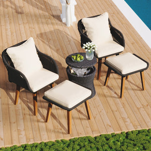 English Elm K&K 5-Piece Outdoor Rope Weave Patio Set with Pop-Up Cool Bar Table, Loveseat, Chairs & Ottomans Beige+Black WF324995AAW