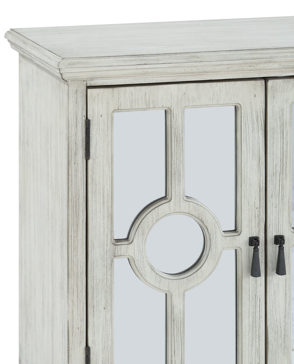 English Elm Classic Storage Cabinet Charming Modern-Traditional Accent Chest with Mirrored Circular Glass Doors, Turned Feet, Antiqued Brass Hardware and Spacious Shelving Antique White 30.75 L x 15.75 W x 28 H B011P169760