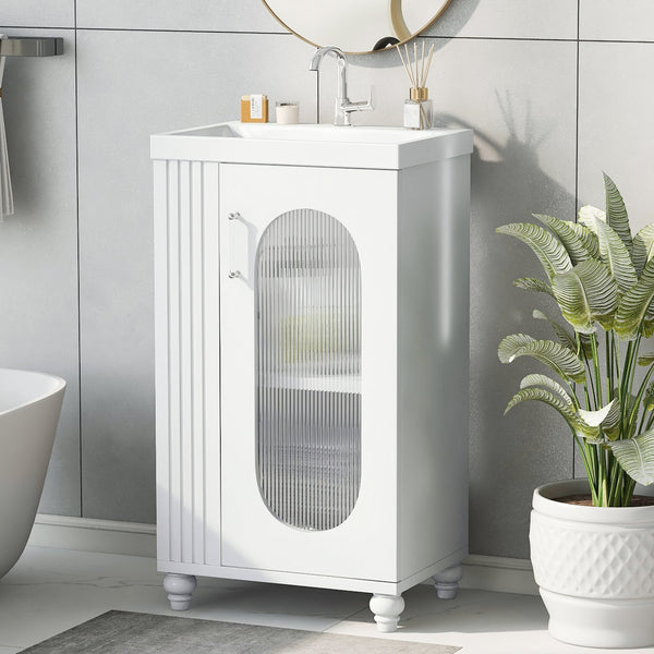 English Elm 20" Bathroom Vanity with Sink Compact Modern Freestanding MDF & Ceramic Undermount Sink Cabinet with Door and Two-Tier Shelf, Toilet Paper Holder, Adjustable Shelf, Sleek Rectangular Design White N725P246925K
