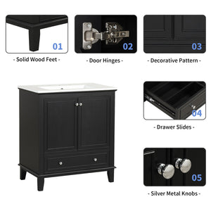 English Elm 30" Solid Wood Bathroom Vanity with Ceramic Sink, Modern Black Freestanding Cabinet, 2 Doors 1 Drawer WF322498AAB