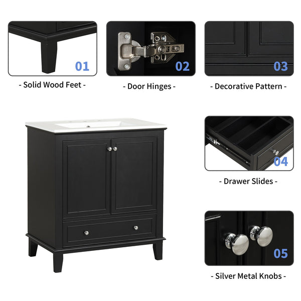 English Elm 30" Solid Wood Bathroom Vanity with Ceramic Sink, Modern Black Freestanding Cabinet, 2 Doors 1 Drawer WF322498AAB