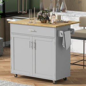 English Elm K&K Rolling Kitchen Island Cart with Drop-Leaf Rubber Wood Top, Large Drawer & Internal Rack Storage Grey WF316601AAG