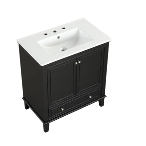 English Elm 30" Solid Wood Bathroom Vanity with Ceramic Sink, Modern Black Freestanding Cabinet, 2 Doors 1 Drawer WF322498AAB