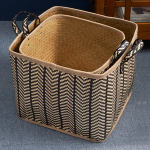 English Elm Square Palm Leaf Woven Wicker Storage Baskets Set of 2 with Handles – Stylish Arrow-Weave Organizers for Home B093P169711