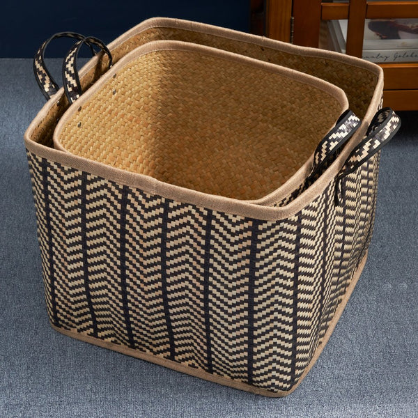 English Elm Square Palm Leaf Woven Wicker Storage Baskets Set of 2 with Handles – Stylish Arrow-Weave Organizers for Home B093P169711