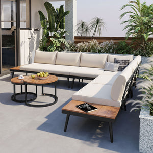 English Elm Trexm Modular Patio Sectional with Acacia Nesting Tables and Washable Cushions TM000001AAA