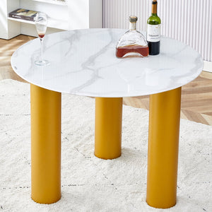 English Elm Round white dining table with faux marble top, gold MDF legs, seats 4, easy-clean, quick assembly W1151S00812