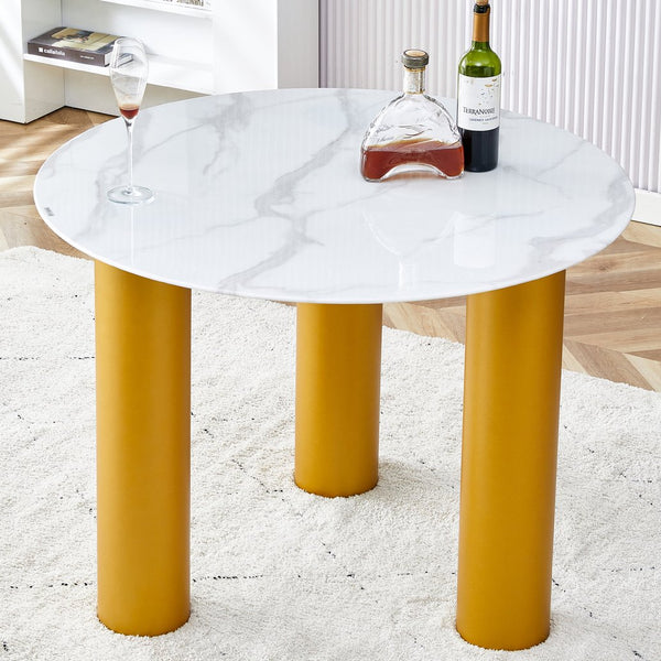 English Elm Round white dining table with faux marble top, gold MDF legs, seats 4, easy-clean, quick assembly W1151S00812