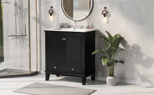 English Elm 30" Solid Wood Bathroom Vanity with Ceramic Sink, Modern Black Freestanding Cabinet, 2 Doors 1 Drawer WF322498AAB
