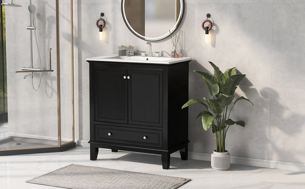 English Elm 30" Solid Wood Bathroom Vanity with Ceramic Sink, Modern Black Freestanding Cabinet, 2 Doors 1 Drawer WF322498AAB