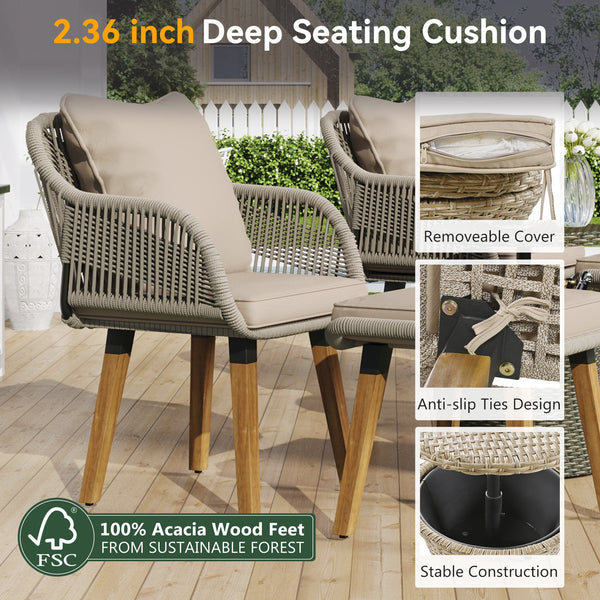 English Elm K&K 5-Piece Outdoor Rope Weave Patio Set with Pop-Up Cool Bar Table, Loveseat, Chairs & Ottomans Brown WF324995AAZ