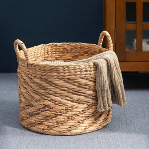English Elm Round Water Hyacinth Seagrass Woven Basket with Handles — Stylish 15" Storage Bin for Towels, Toys, Magazines and Home Decor Natural & Light Brown B093P169706