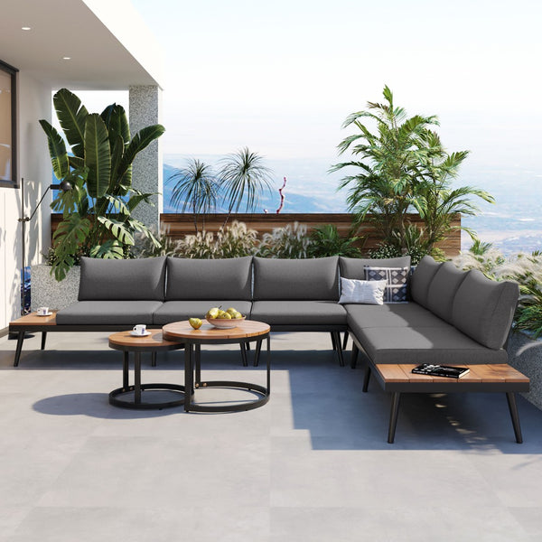English Elm Trexm Modular Outdoor Sectional with Acacia Wood Nesting Tables and Washable Cushions TM000001AAE