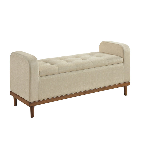 English Elm Mid-Century Tufted Lift-Top Storage Bench, Upholstered Light Brown Seat, Walnut Solid Wood Frame B011P169816
