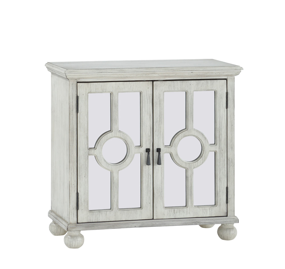 English Elm Classic Storage Cabinet Charming Modern-Traditional Accent Chest with Mirrored Circular Glass Doors, Turned Feet, Antiqued Brass Hardware and Spacious Shelving Antique White 30.75 L x 15.75 W x 28 H B011P169760