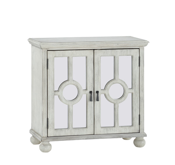 English Elm Classic Storage Cabinet Charming Modern-Traditional Accent Chest with Mirrored Circular Glass Doors, Turned Feet, Antiqued Brass Hardware and Spacious Shelving Antique White 30.75 L x 15.75 W x 28 H B011P169760