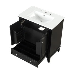 English Elm 30" Solid Wood Bathroom Vanity with Ceramic Sink, Modern Black Freestanding Cabinet, 2 Doors 1 Drawer WF322498AAB