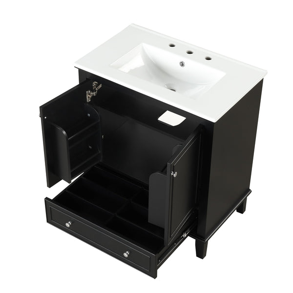 English Elm 30" Solid Wood Bathroom Vanity with Ceramic Sink, Modern Black Freestanding Cabinet, 2 Doors 1 Drawer WF322498AAB
