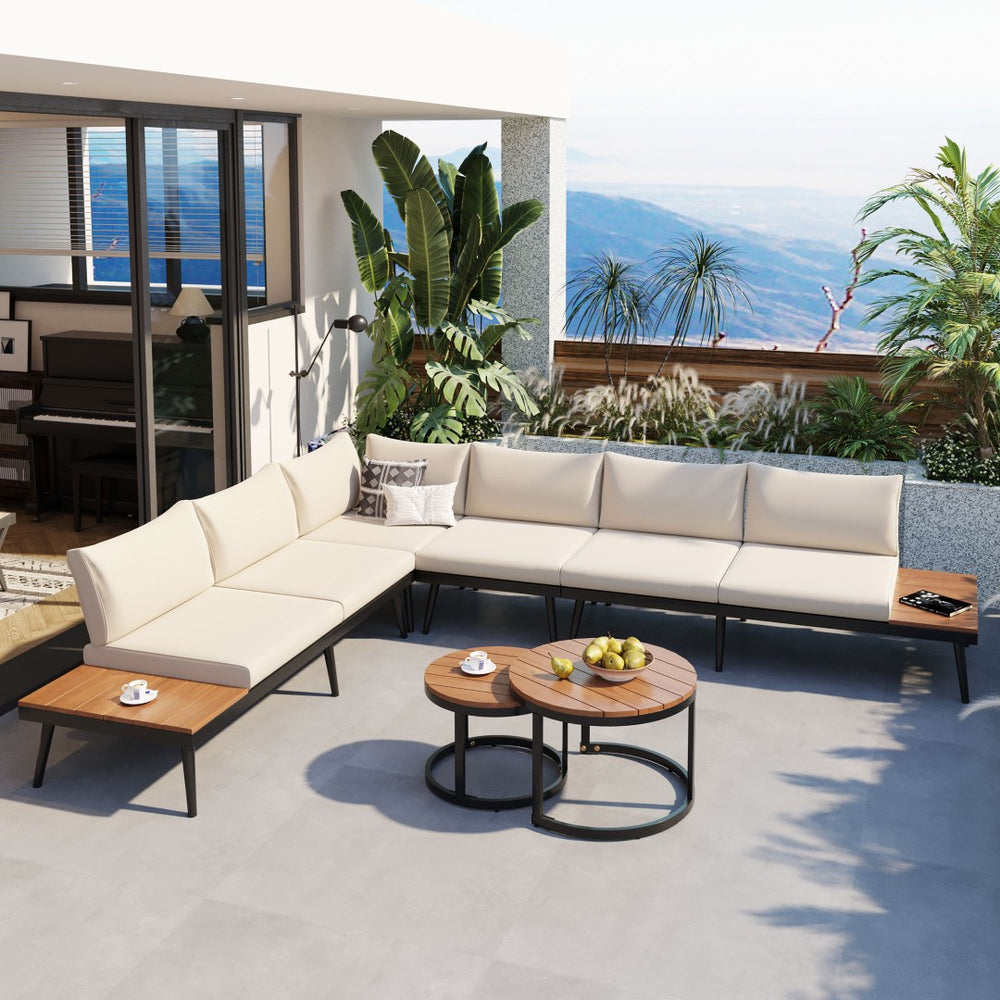 English Elm Trexm Modular Patio Sectional with Acacia Nesting Tables and Washable Cushions TM000001AAA
