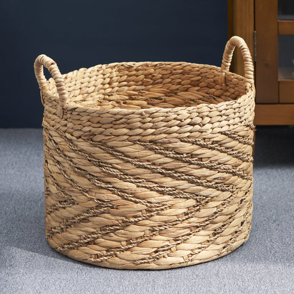 English Elm Round Water Hyacinth Seagrass Woven Basket with Handles — Stylish 15" Storage Bin for Towels, Toys, Magazines and Home Decor Natural & Light Brown B093P169706
