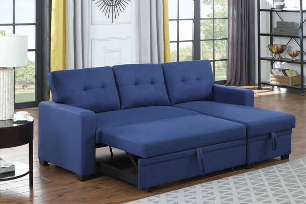 English Elm Upholstered Convertible Pull-Out Sectional Sofa with Chaise and Removable Cushions for Guests Blue B102S00005