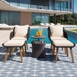 English Elm K&K 5-Piece Outdoor Rope Weave Patio Set with Pop-Up Cool Bar Table, Loveseat, Chairs & Ottomans Beige+Black WF324995AAW