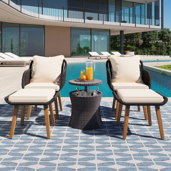 English Elm K&K 5-Piece Outdoor Rope Weave Patio Set with Pop-Up Cool Bar Table, Loveseat, Chairs & Ottomans Beige+Black WF324995AAW
