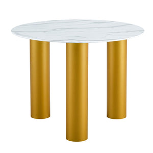 English Elm Round white dining table with faux marble top, gold MDF legs, seats 4, easy-clean, quick assembly W1151S00812