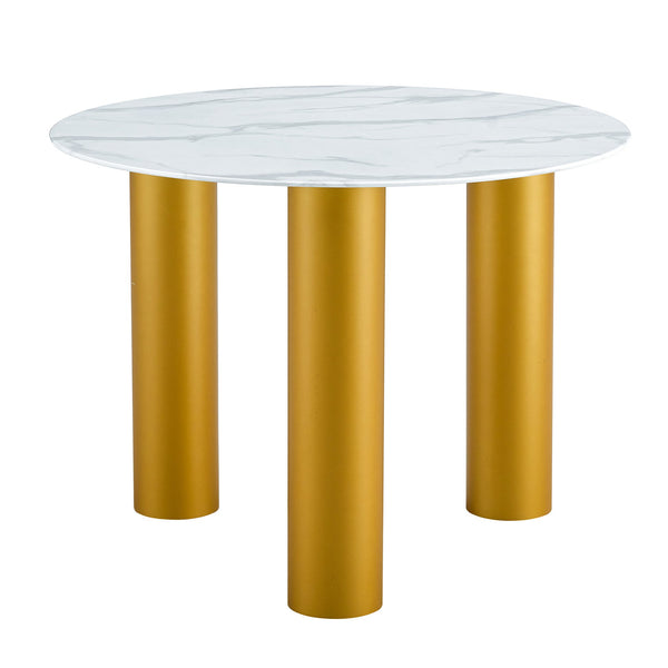 English Elm Round white dining table with faux marble top, gold MDF legs, seats 4, easy-clean, quick assembly W1151S00812