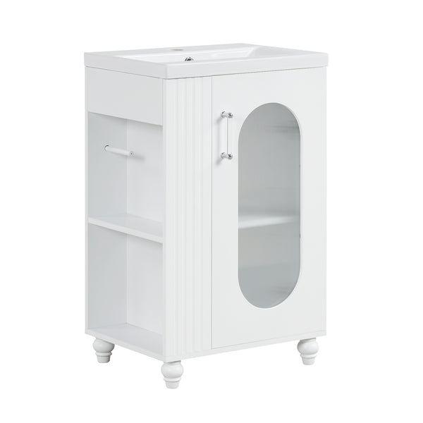 English Elm 20" Bathroom Vanity with Sink Compact Modern Freestanding MDF & Ceramic Undermount Sink Cabinet with Door and Two-Tier Shelf, Toilet Paper Holder, Adjustable Shelf, Sleek Rectangular Design White N725P246925K