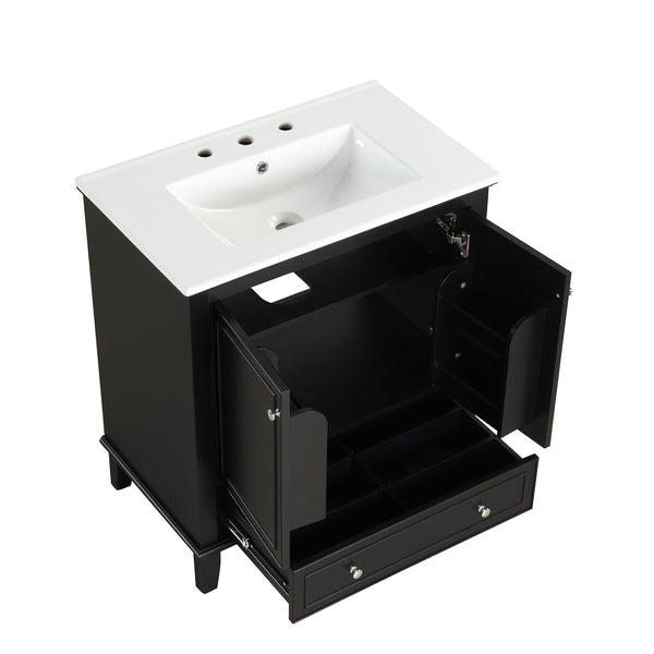 English Elm 30" Solid Wood Bathroom Vanity with Ceramic Sink, Modern Black Freestanding Cabinet, 2 Doors 1 Drawer WF322498AAB