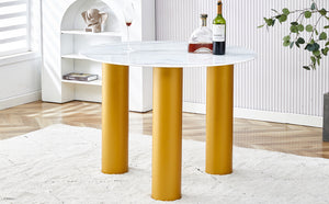 English Elm Round white dining table with faux marble top, gold MDF legs, seats 4, easy-clean, quick assembly W1151S00812
