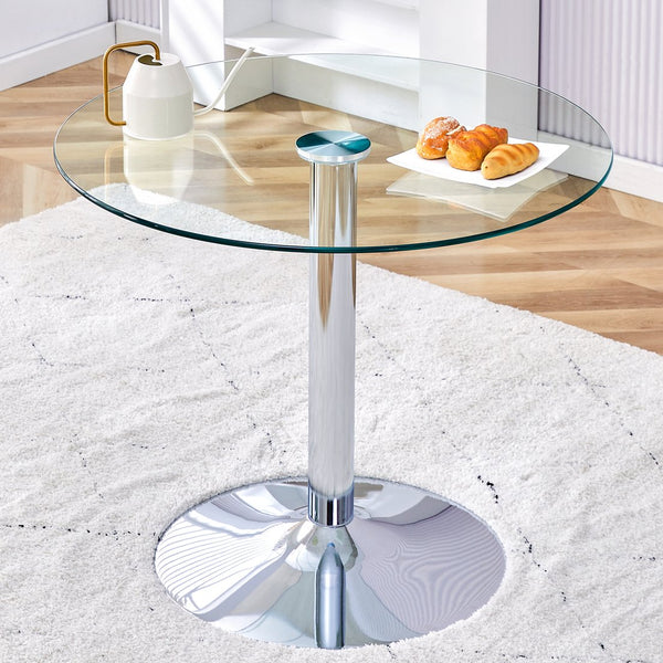 English Elm A Modern 35-Inch Tempered Glass Round Dining Table with Sleek Metal Legs, Minimalist Style for 4-6 }{@ Silver,Transparent W1151P263756
