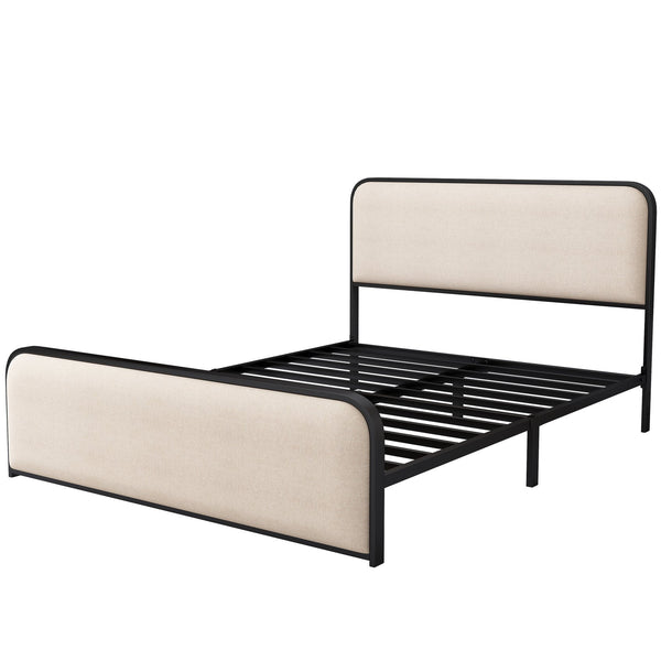 English Elm Modern Metal Bed Frame with Upholstered Curved Headboard, Underbed Storage, Heavy-Duty Slats, Queen Beige 64 L x 21 W x 5.75 H N701P229014B
