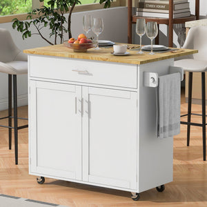 English Elm K&K Rolling Kitchen Island Cart with Drop-Leaf Rubber Wood Top, Large Drawer & Internal Rack Storage White WF316601AAW