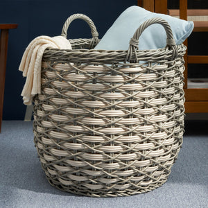 English Elm Zita Round Resin Wicker Storage Basket with Handles, 18" x 18" x 15.7", Cream-Gray Home Organizer B093P169698