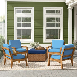 English Elm [set of 4] Grenada Solid Acacia Outdoor Club Chairs Slat Panel Patio Lounge Seating Blue 57977.00FMP4CUSH-BLUSKIN4