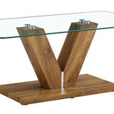 English Elm A Modern Minimalist Style Coffee Table. Transparent Tempered Glass Tabletop With Wooden Mdf Columns. Suitable For Living Room and Dining Room. Ct-V