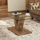 English Elm A Modern Minimalist Style Coffee Table. Transparent Tempered Glass Tabletop With Wooden Mdf Columns. Suitable For Living Room and Dining Room. Ct-V