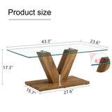 English Elm A Modern Minimalist Style Coffee Table. Transparent Tempered Glass Tabletop With Wooden Mdf Columns. Suitable For Living Room and Dining Room. Ct-V