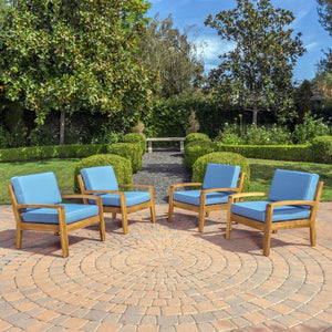 English Elm [set of 4] Grenada Solid Acacia Outdoor Club Chairs Slat Panel Patio Lounge Seating Blue 57977.00FMP4CUSH-BLUSKIN4